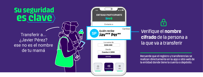 En la imagen se visualiza a un hombre cargando en brazos a su hijo con un helado, el hombre trata de transferir dinero a su esposa pero al momento de validar la persona quien recibe sale el nombre de otra persona. Su seguridad es clave: verifique el nombre cifrado de la persona a la que le va a transferir. Recuerde que el registro y transferencias se realizan directamente en la app o sitio web de la entidad donde tiene la cuenta o depósito.