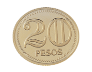 Reverso de moneda de 20 pesos, con denominación 20 en número arábigo y la palabra pesos en la parte inferior con una línea perimetral de barras inclinadas