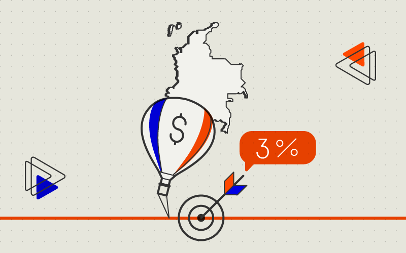 Imagen de un mapa de Colombia con un globo que representa la inflación, anclado en el piso por una cuerda que no le permite volar