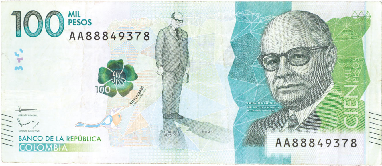 Anverso de billete de 100.000 pesos. Grado 2: apto