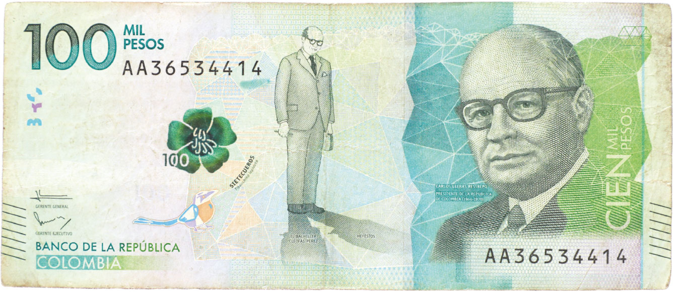Anverso de billete de 100.000 pesos. Grado 3: apto