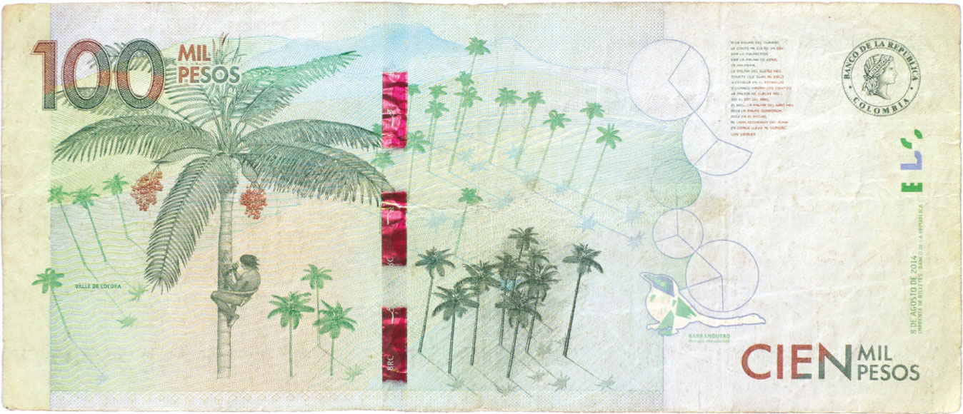 Reverso de billete de 100.000 pesos. Grado 3: apto