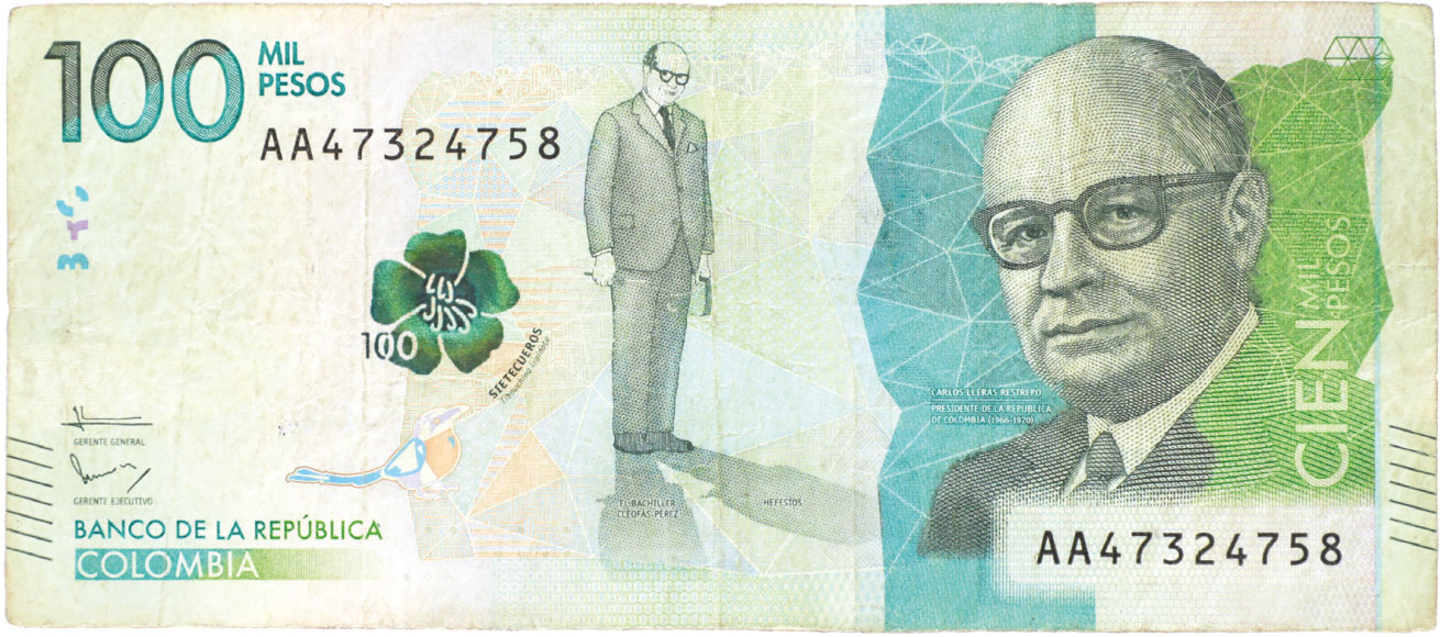 Anverso de billete de 100.000 pesos. Grado 4: no apto