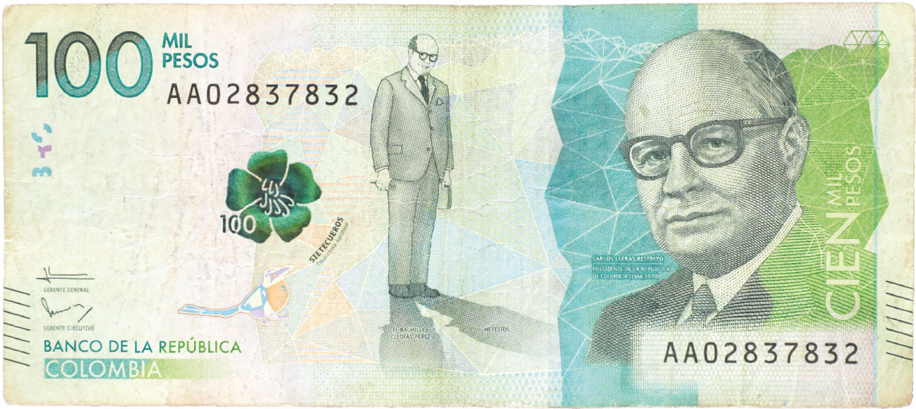 Anverso de billete de 100.000 pesos. Grado 5: no apto