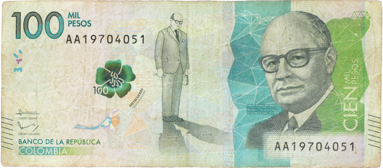 Anverso de billete de 100.000 pesos. Grado 6: no apto