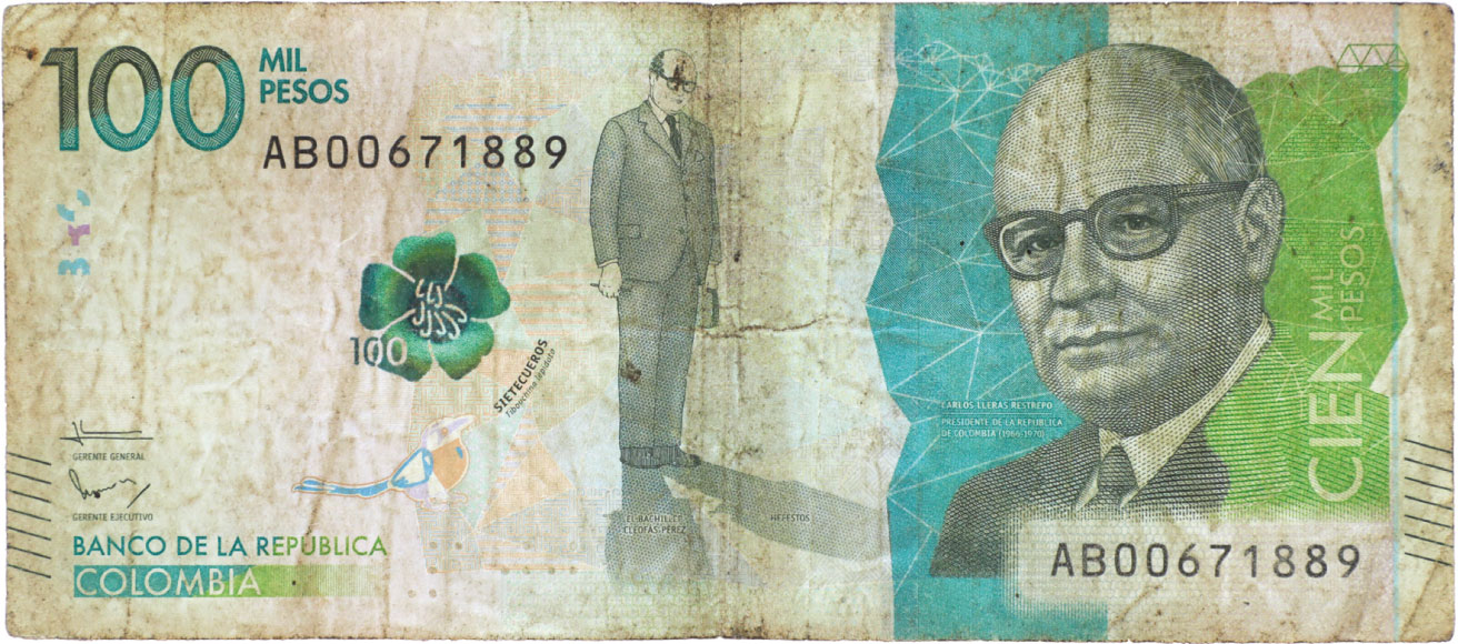Anverso de billete de 100.000 pesos. Grado 7: no apto