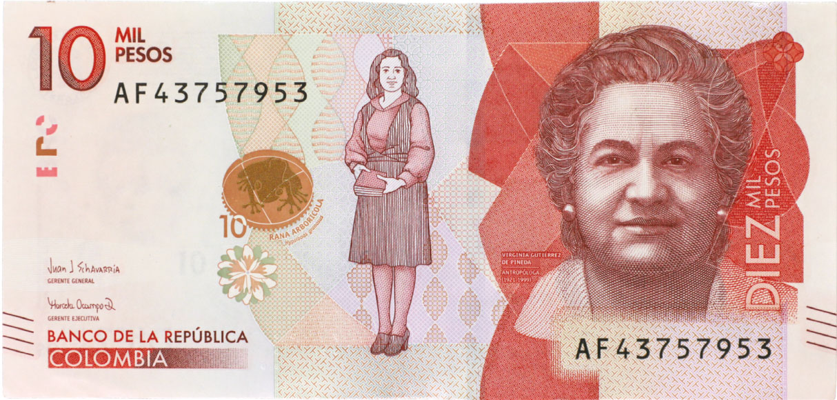 Anverso de billete de 10.000 pesos. Grado 1: apto