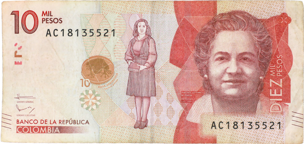 Anverso de billete de 10.000 pesos. Grado 2: apto