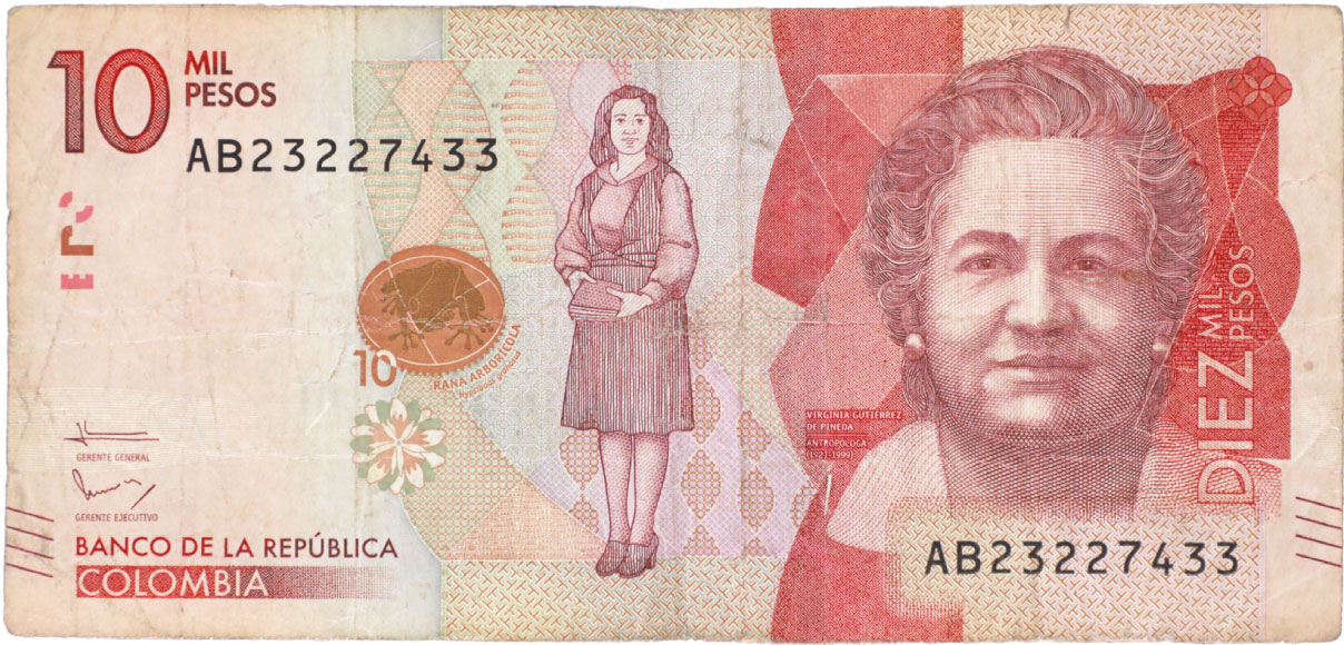 Anverso de billete de 10.000 pesos. Grado 4: no apto