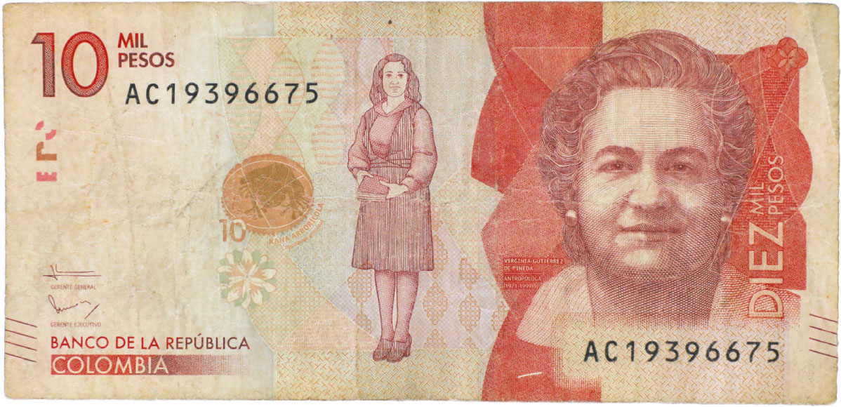 Anverso de billete de 10.000 pesos. Grado 6: no apto