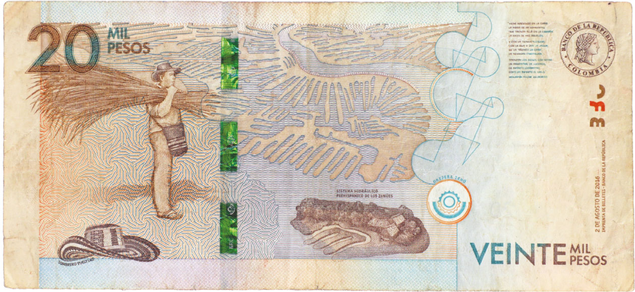 Reverso de billete de 20.000 pesos. Grado 3: apto