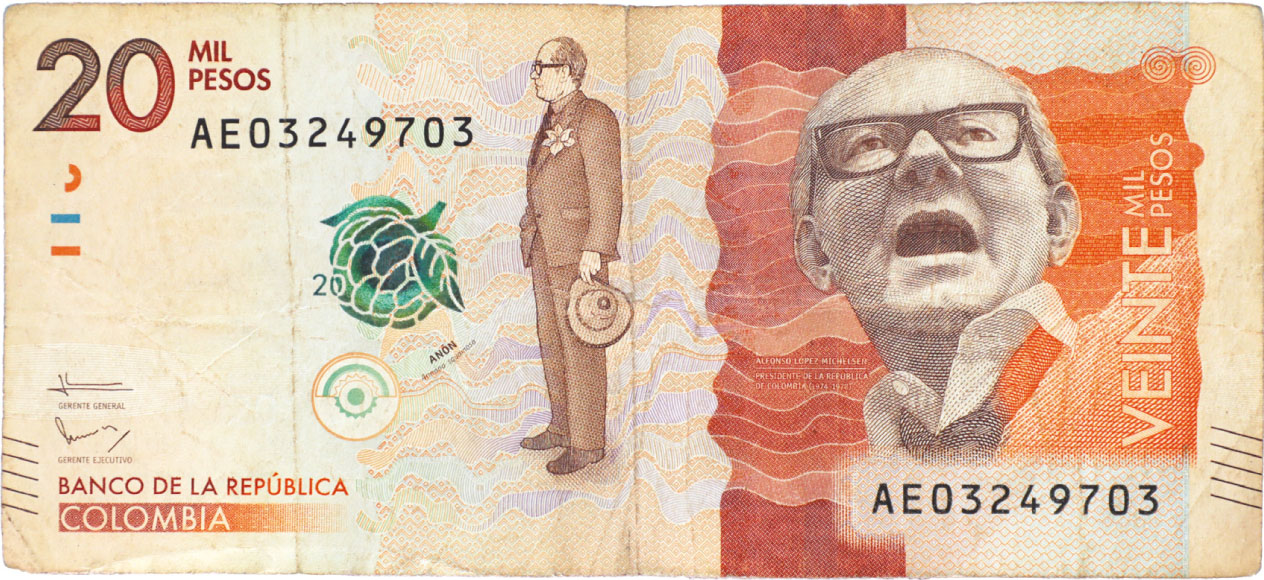 Anverso de billete de 20.000 pesos. Grado 4: no apto
