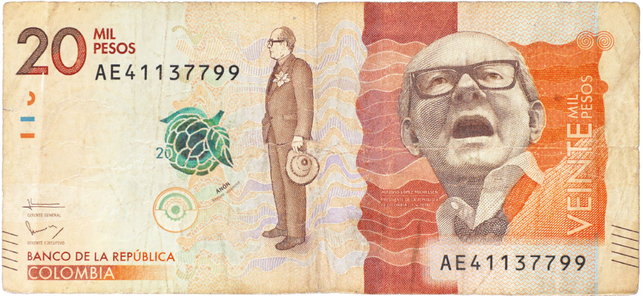 Anverso de billete de 20.000 pesos. Grado 5: no apto