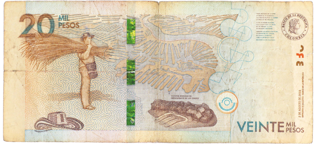 Reverso de billete de 20.000 pesos. Grado 5: no apto
