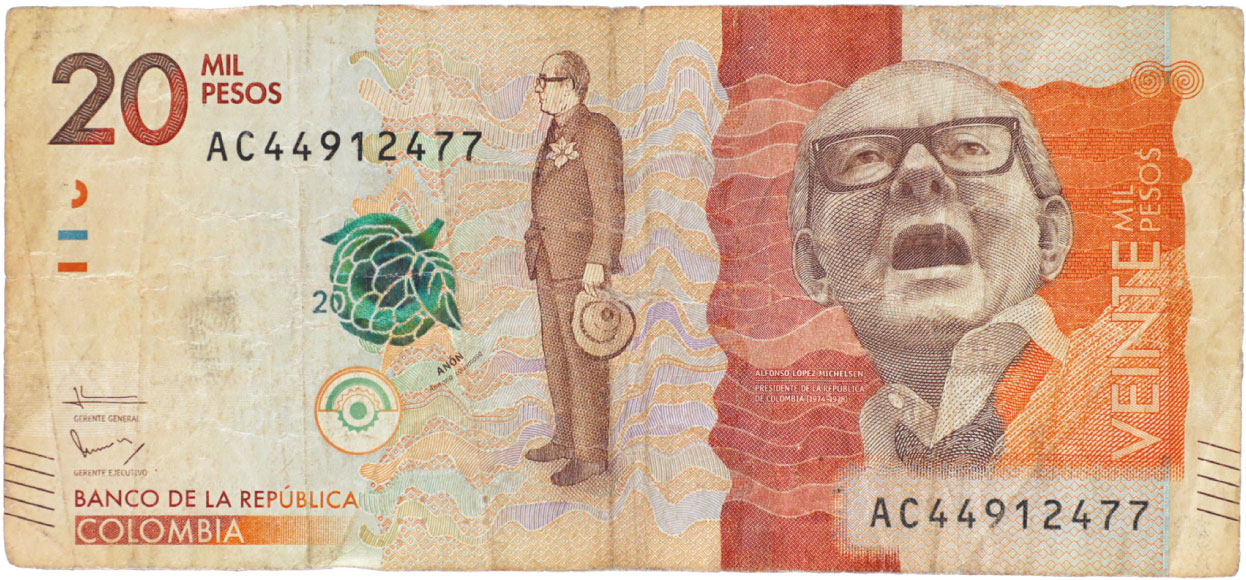 Anverso de billete de 20.000 pesos. Grado 6: no apto