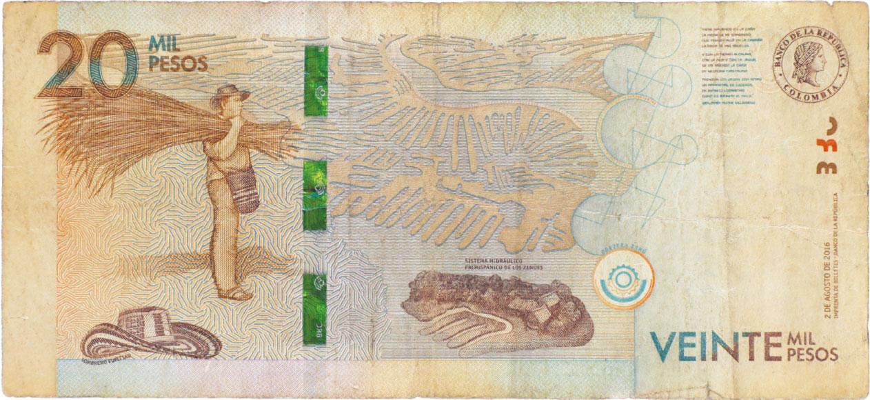 Reverso de billete de 20.000 pesos. Grado 6: no apto