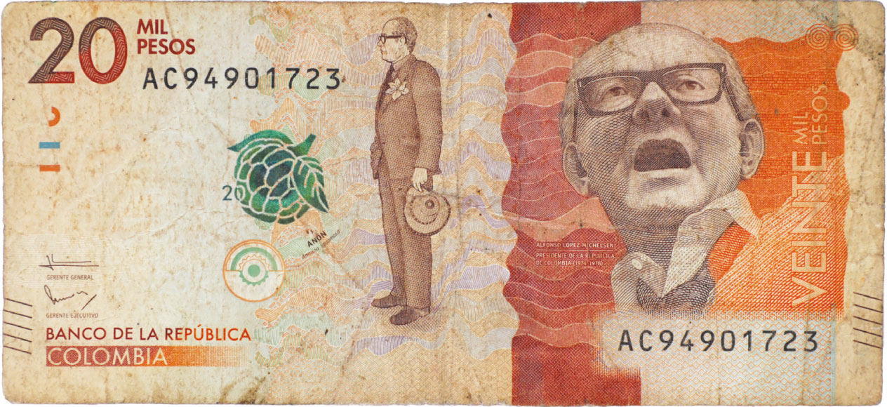 Anverso de billete de 20.000 pesos. Grado 7: no apto