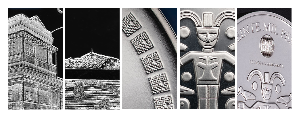 Fotografía detallada de bajos relieves, número en braille y elemento de seguridad de imagen latente