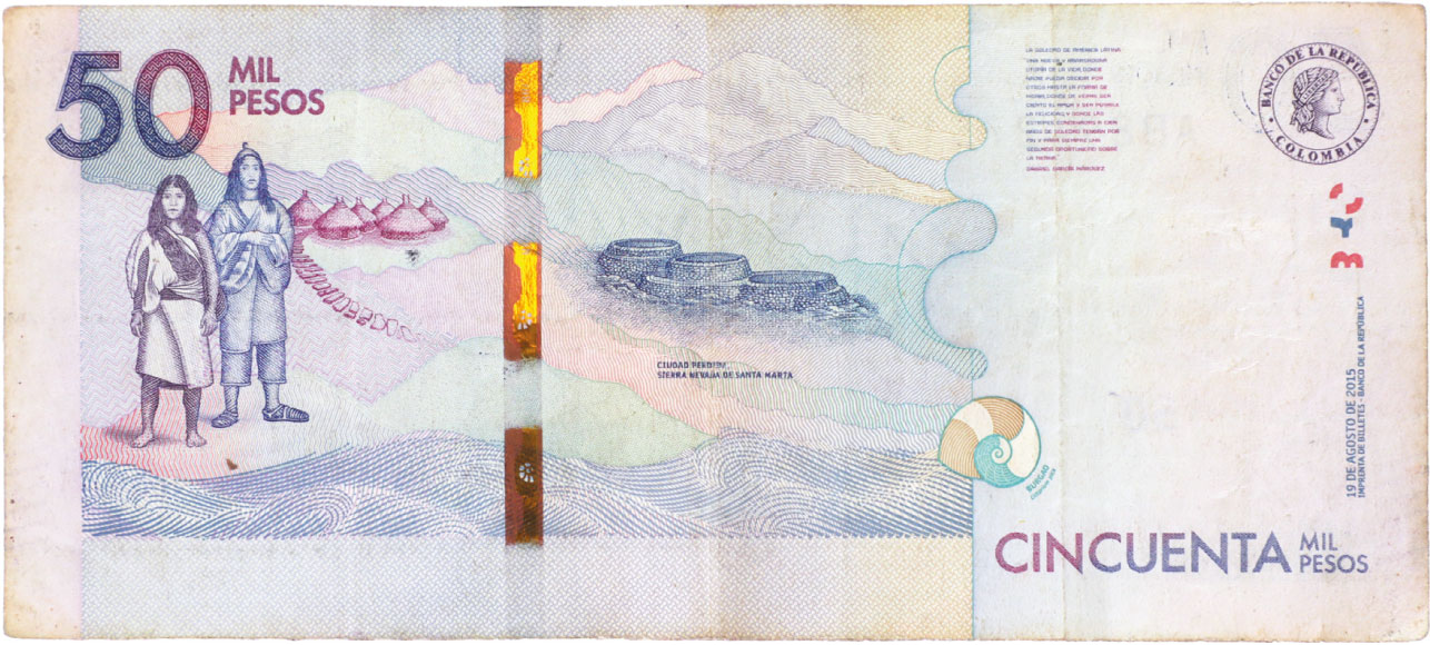 Reverso de billete de 50.000 pesos. Grado 3: apto