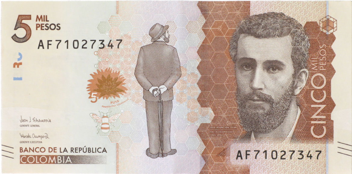 Anverso de billete de 5000 pesos. Grado 1: apto