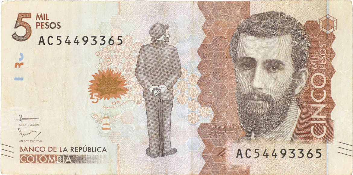 Anverso de billete de 5000 pesos. Grado 2: apto