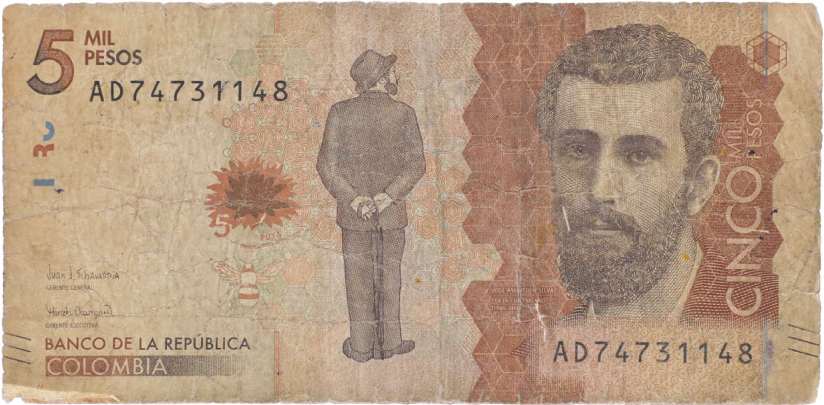Anverso de billete de 5000 pesos. Grado 7: no apto
