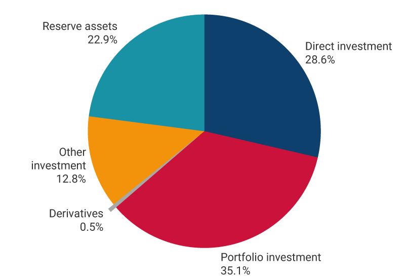 The graph exhibits the percentages of assets in the international investment position as of December 2024. Direct investment, 28.6%. Loan portfolio investment, 35.1%. Derivatives, 0.5%. Other investment, 12.8%. Reserve assets, 223.9%.