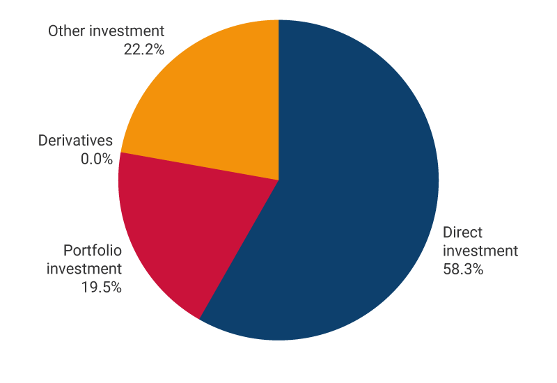 The graph exhibits the percentages of liabilities in the international investment position as of December 2024. Direct investment, 58.3%. Loan portfolio investment, 19.5%. Derivatives, 0.0%. Other investment, 22.2%.