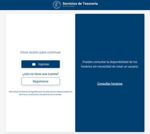 Imagen que muestra la ventana de inicio al sistema, en donde se pueden pulsar tres opciones: ingresar, registrarse y consultar horarios