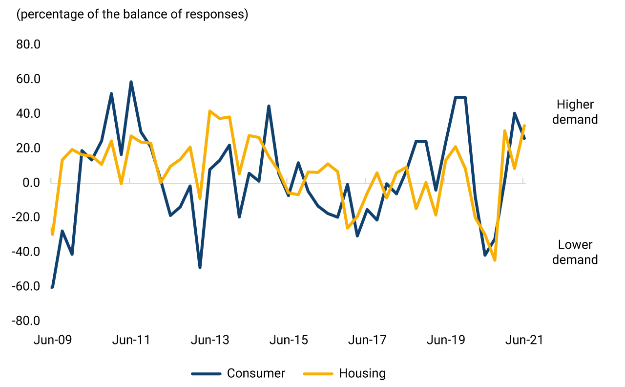 This first panel exhibits the evolution of the change in the perception of demand for new consumer and housing loans from June 2009 to June 2021. The minimum levels of demand in June 2009 and June 2013 are highlighted. Demand indicators for each type of loan exhibit a sharp drop during the first three quarters of 2020 and, thereafter, exhibit a recovery trend. By the second quarter of 2021, indicators continue to recover, reaching pre-2020 levels.