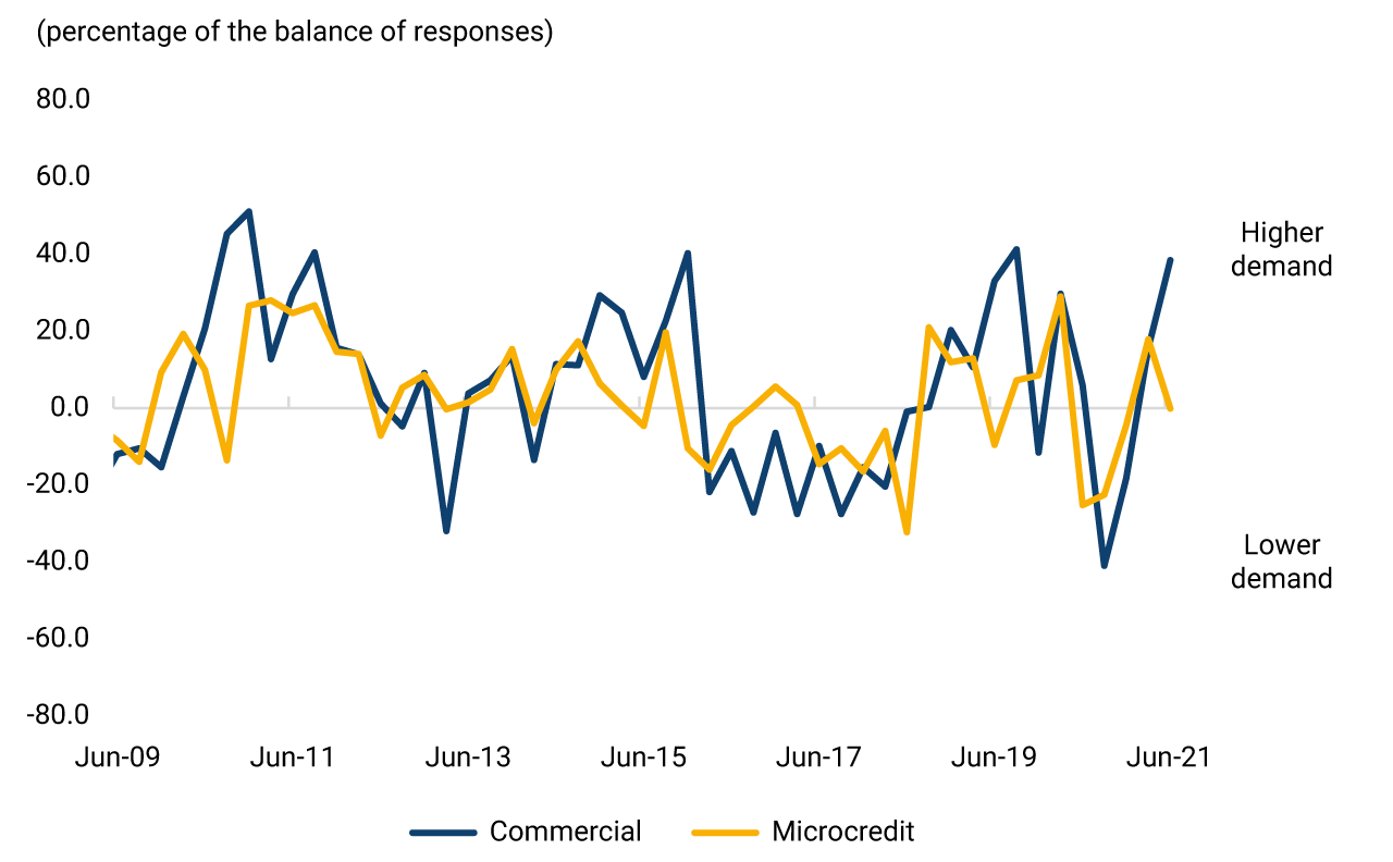 This second panel exhibits the evolution of the change in the perception of demand for new commercial loans and microcredits from June 2009 to June 2021. By the second quarter of 2021, the indicators for the consumer and microcredit portfolios exhibit a decline, although they remain positive.