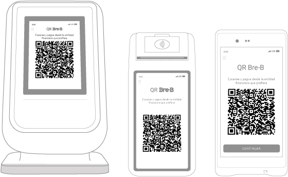 Imagen con distintos dispositivos para pago electrónico con código QR.