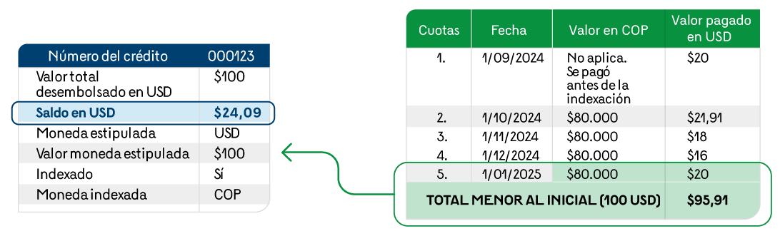 En la imagen se muestra dos tablas, en donde se resalta y comparan los $24,09 del Saldo en USD frente a los $95,91 del total menor al inicial (100 USD) para enero de 2025.