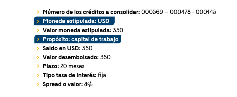 En la imagen se presenta la información de los créditos a consolidar, en donde se mantiene USD como moneda estipulada y “Capital de trabajo” como propósito, adicionalmente se señala el valor en 350, el saldo en 350 USD, el valor desembolsado en 350, el plazo en 20 meses, una tasa fija de interés y un spread o valor en 4%.