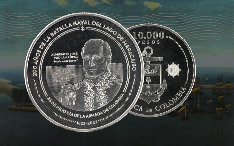 Imagen de la moneda conmemorativa de la Batalla Naval del Lago de Maracaibo y Declaratoria del 24 de julio como día de la Armada de Colombia