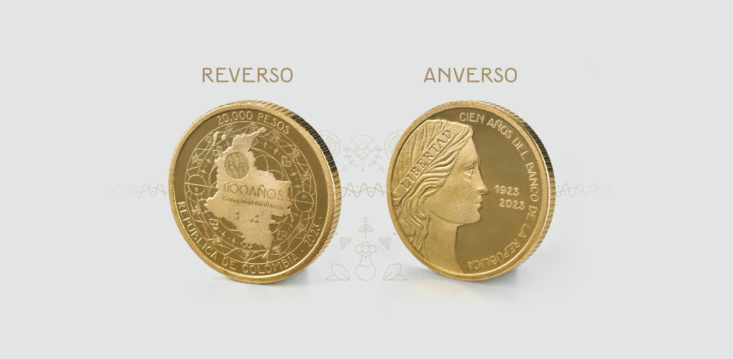 Fotografía de la moneda por el anverso y el reverso. La moneda es dorada