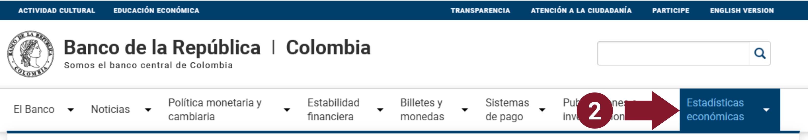 Se presenta una imagen del menú principal del portal corporativo del Banco de la República, en donde se indica que la octava opción es la indicada.