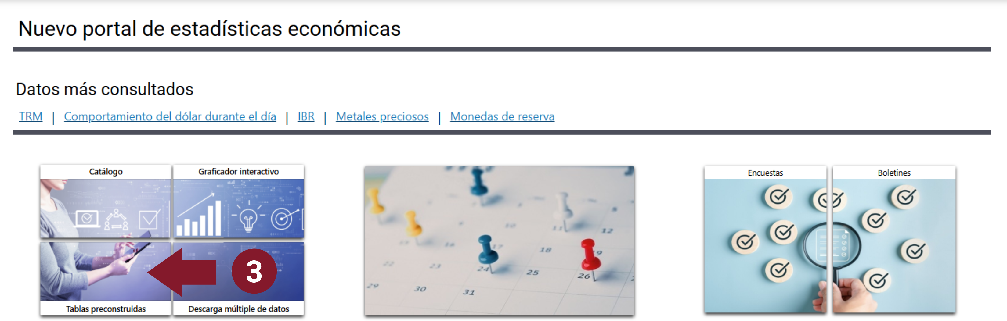 Se presenta una captura de pantalla de la página de inicio del Portal de estadísticas Económicas, en donde se señala el botón de la opción Tablas preconstruidas