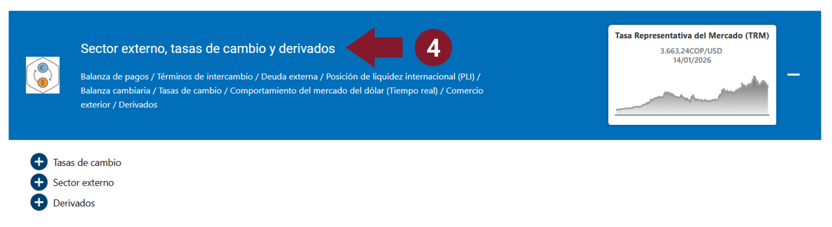 Se presenta una imagen de pantalla con el menú que presenta la opción de tablas preconstruidas sobre Sector externo, tasas de cambio y derivados