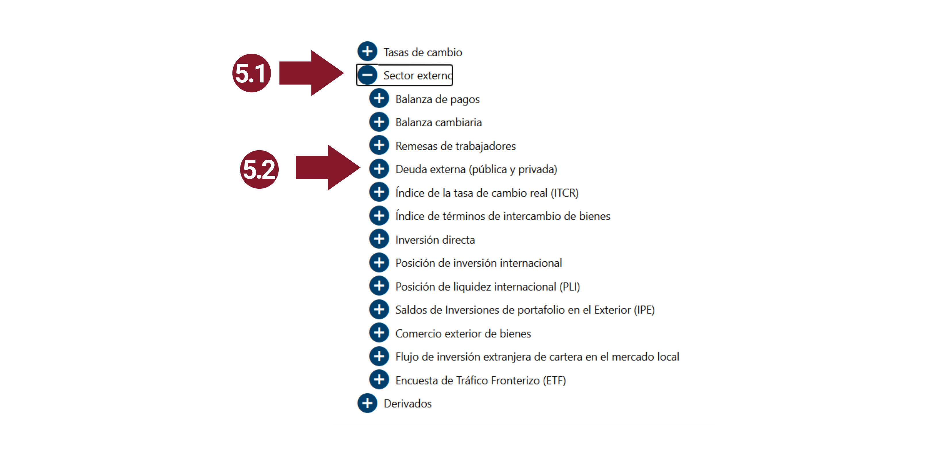 En la imagen se muestra la ubicación del Deuda Externa dentro del menú Sector Externo 