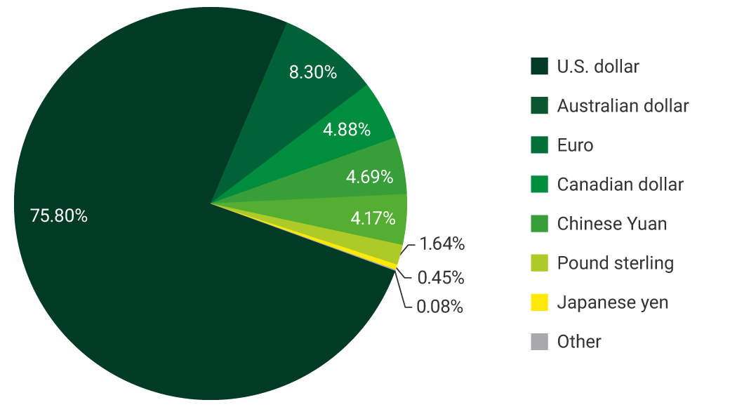Pie chart showing the Foreign exchange composition of the investment portfolio. U.S. dollar: 75.80%. Australian dollar: 8.30%. Euro: 4.88%. Canadian dollar: 4.69%.  Chinese Yuan: 4.17%. Pound sterling: 1.64%. Japanese yen: 0,45%. Other: 0,08%.
