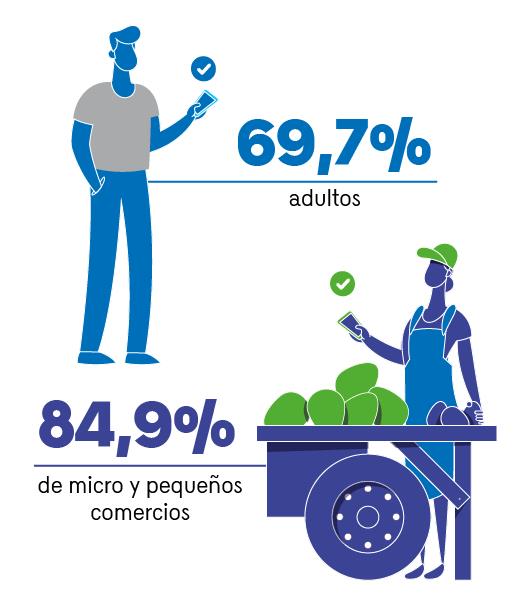 En la imagen se muestra que el 69,7% de los adultos las usa y 84,9% de micro y pequeños comercios las reciben, se acompañan los datos con apoyos gráficos.