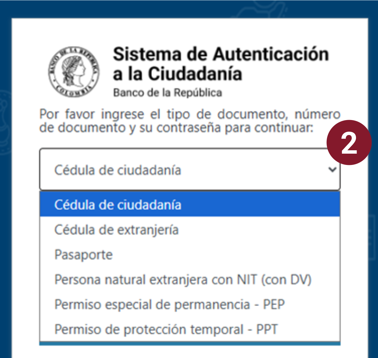 En la imagen se muestra el campo de tipo de identificación desplegado, con las diversas opciones