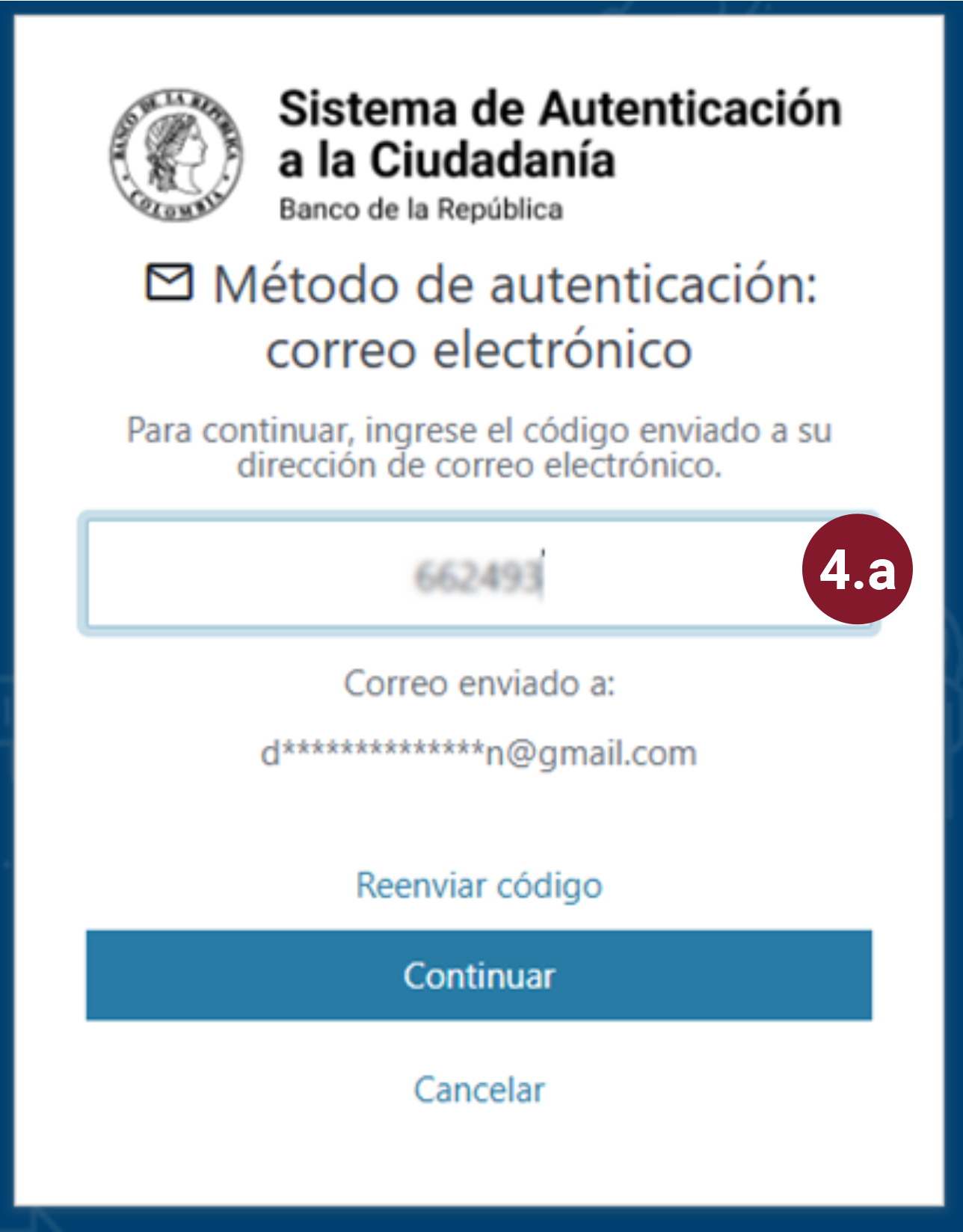 Se muestra un captura de pantalla del campo para ingresar el código OTP enviado al correo
