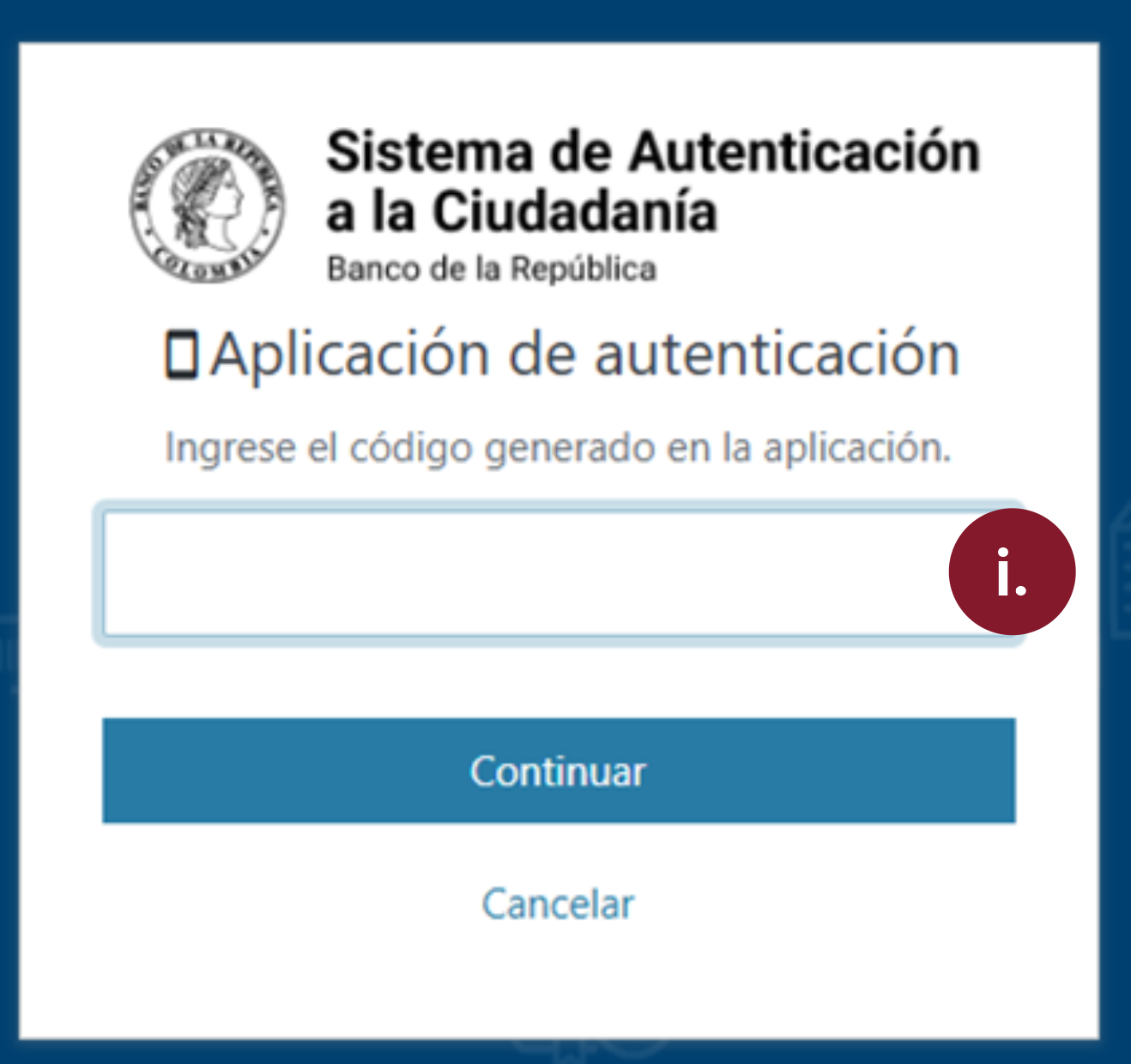 Se muestra la interface para digitar el código enviado por aplicación.