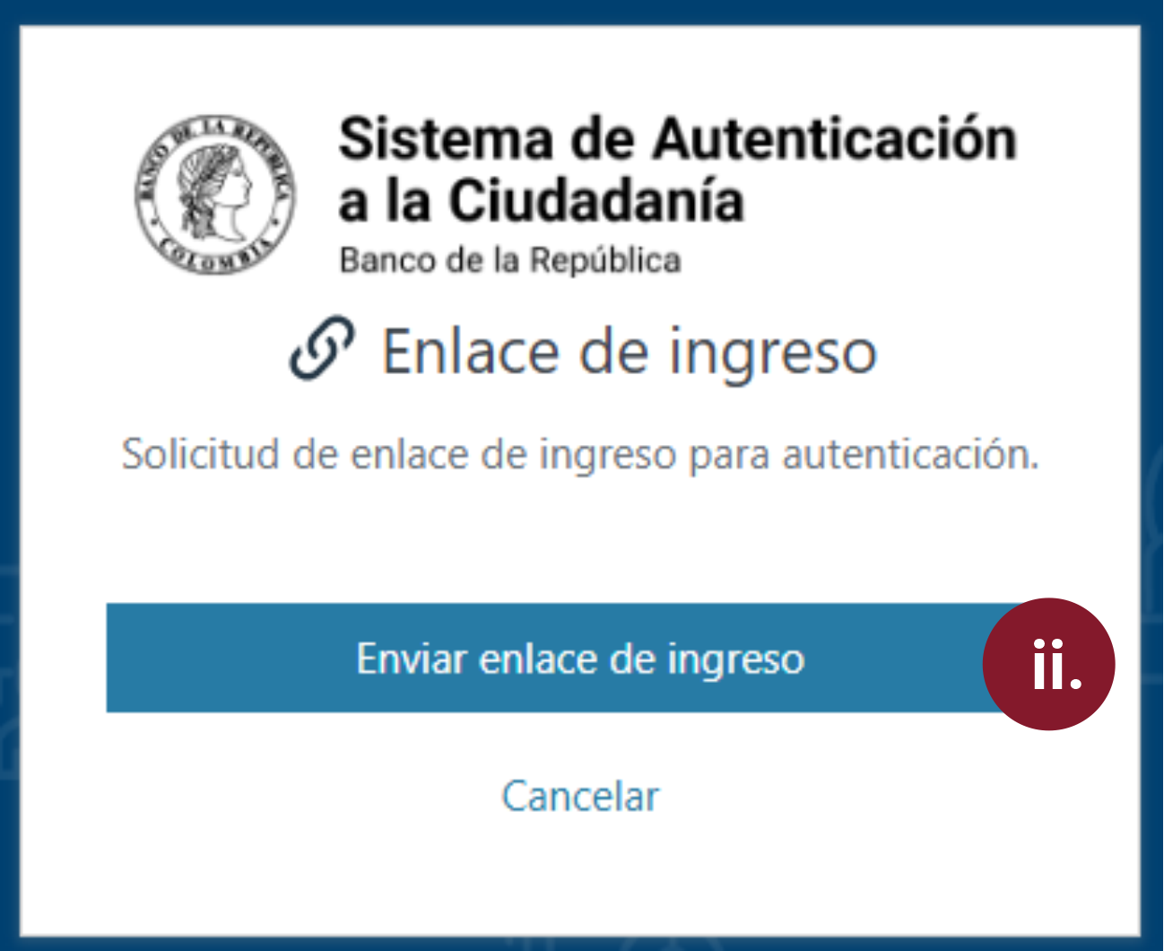 Se muestra la interface para digitar el código enviado por la opción enlace de ingreso.