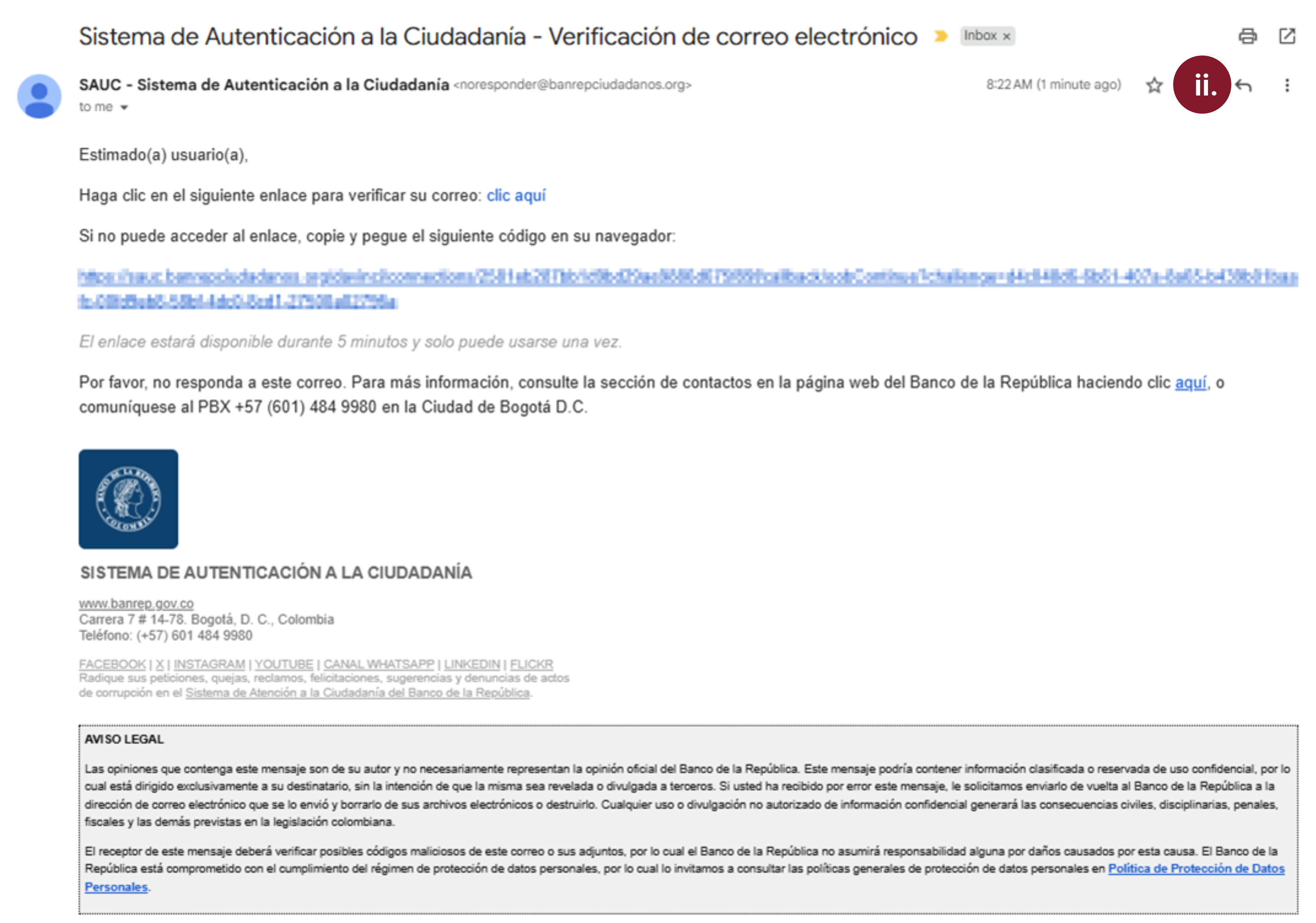 Muestra del correo electrónico enviado por el sistema con esta opción.