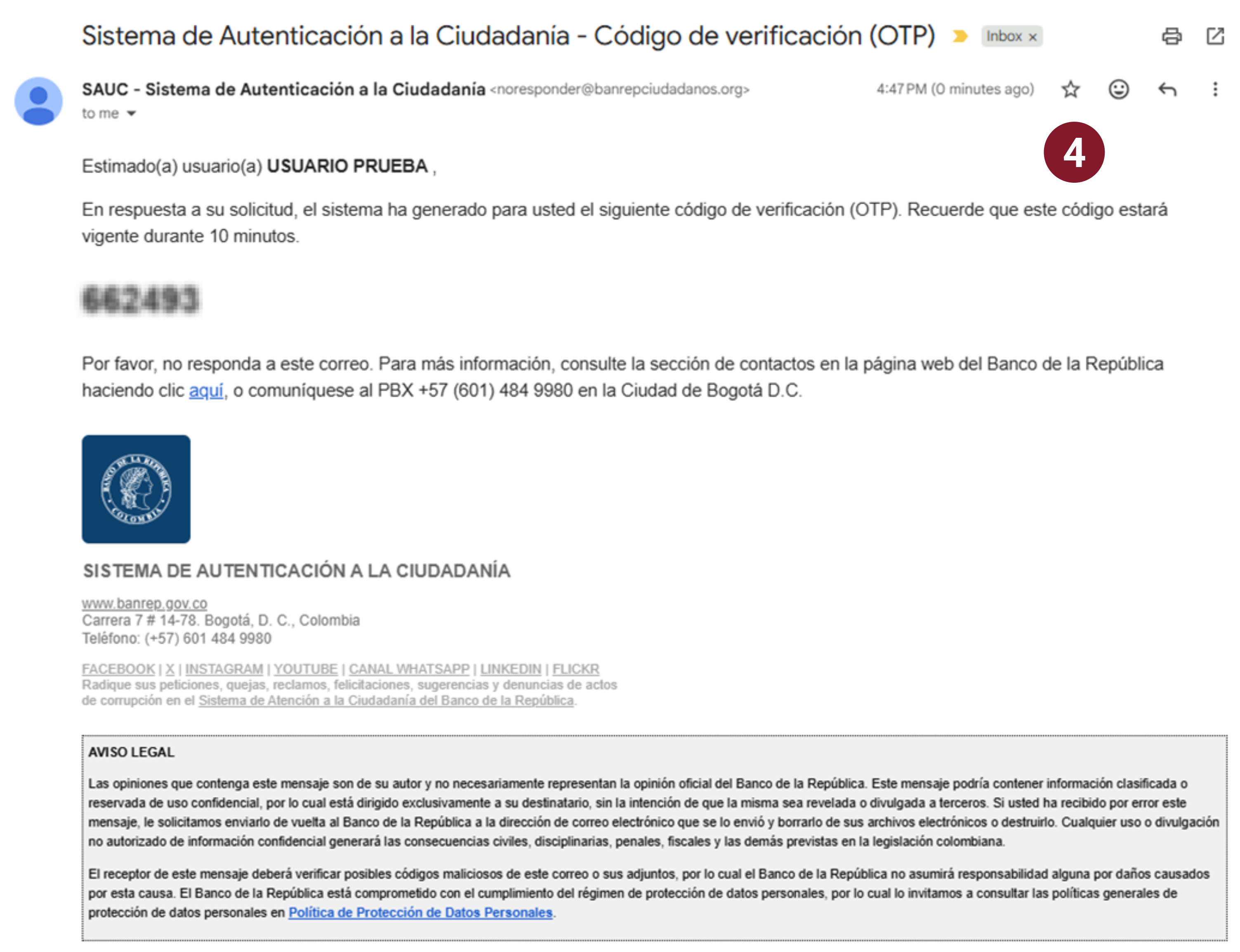 Se muestra una imagen del correo de autenticación que enviará el sistema.