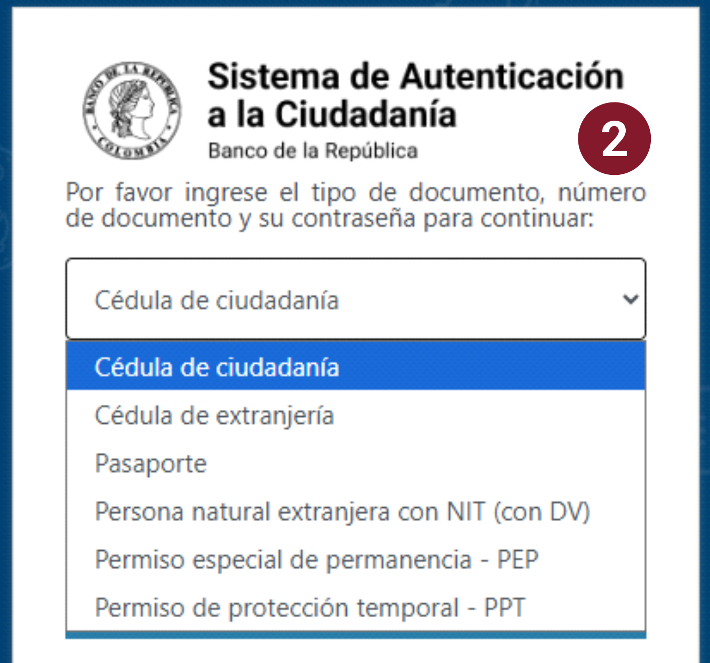 Captura de pantalla de la lista de tipos de identificación del sistema