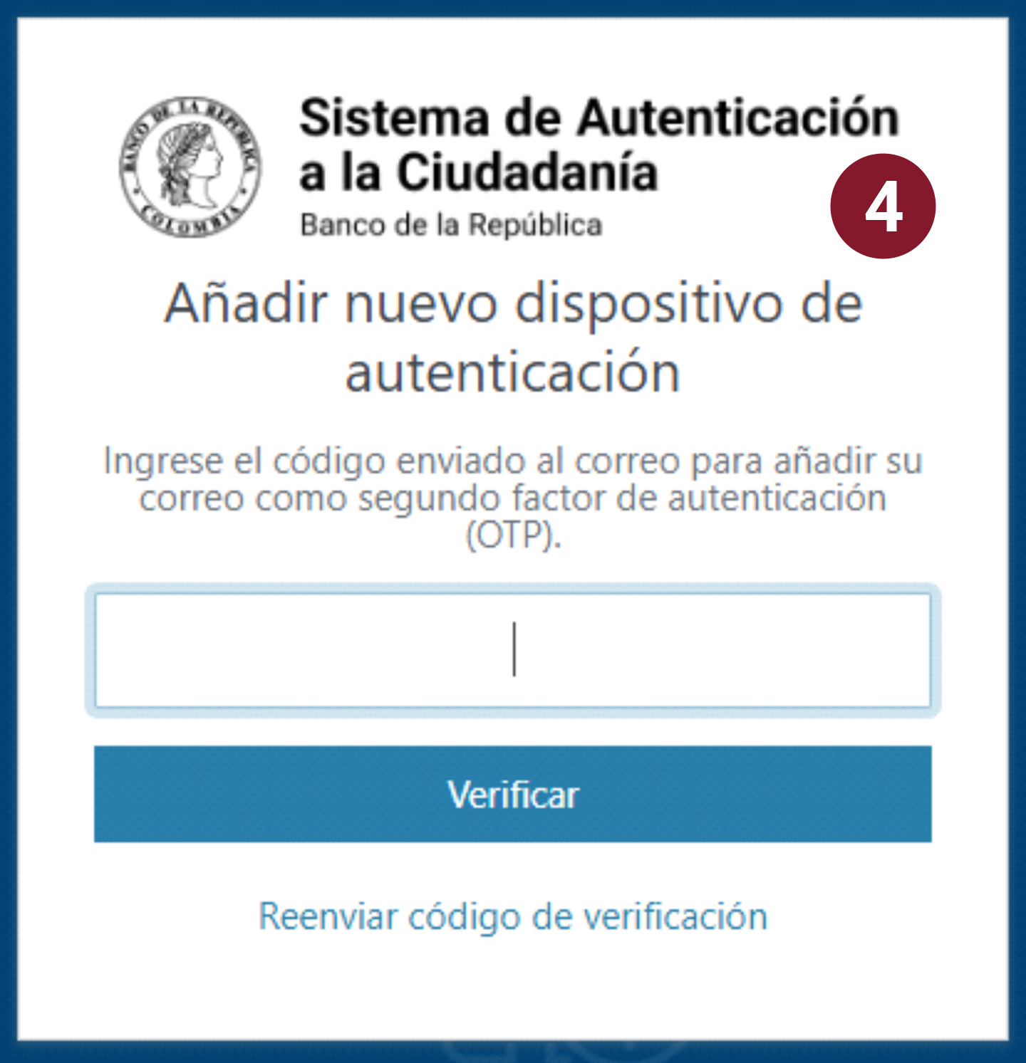 Imagen de la pantalla para ingresar el código de validación.